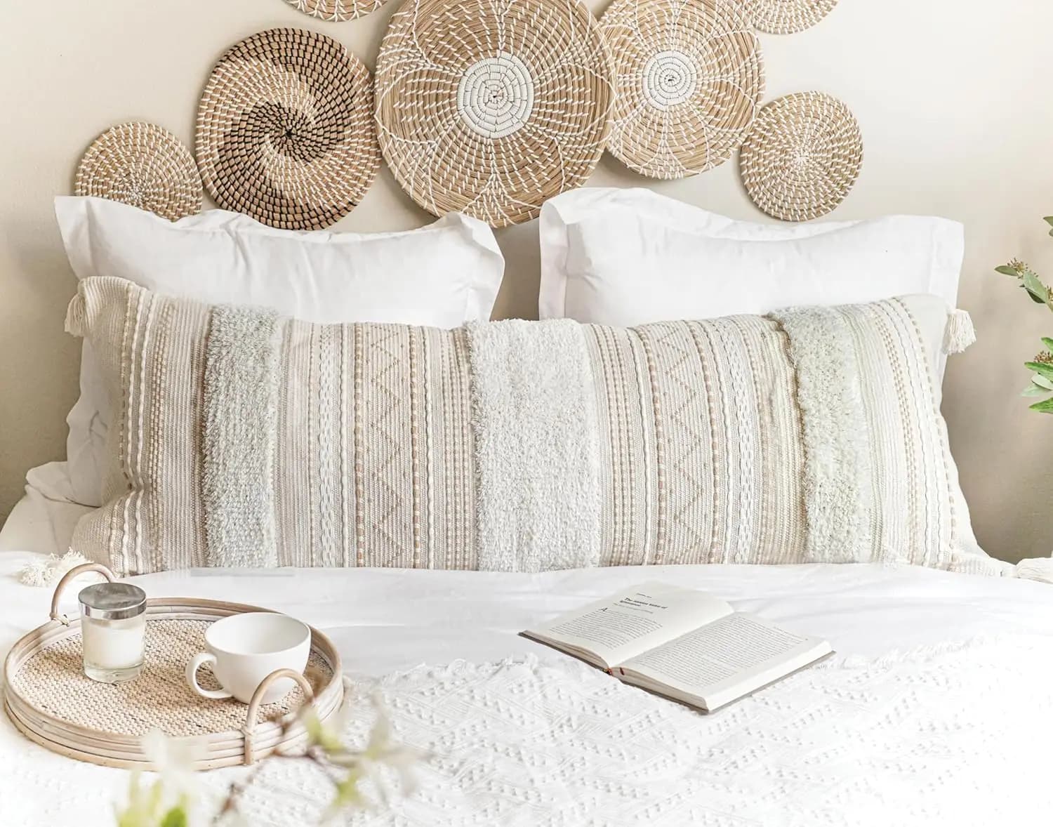 Fodera per cuscino lombare oversize, copridivano decorativo rettangolare in stile boho, cotone con motivo trapuntato e nappe in beige crema