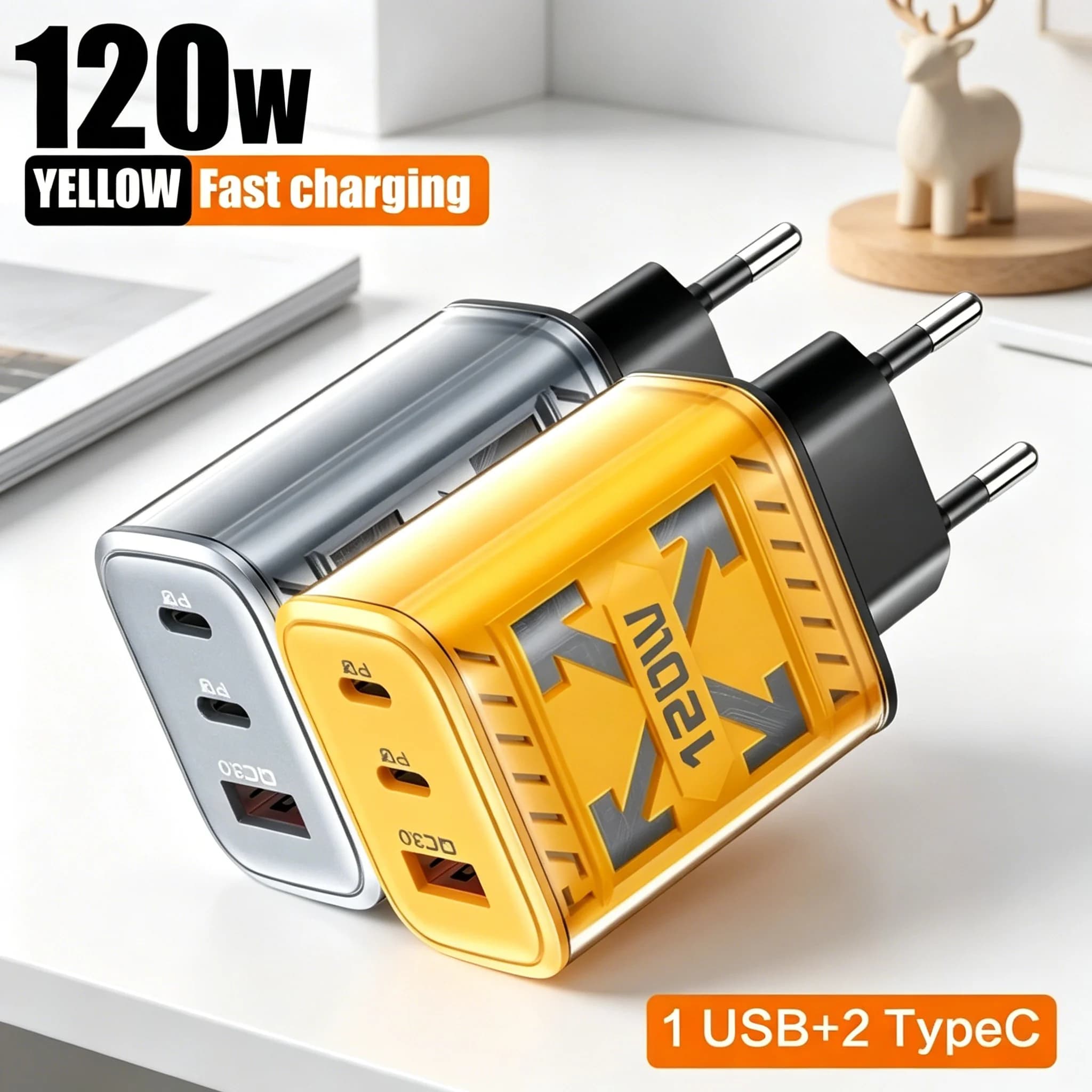 Caricabatterie USB Rapido da 120W, Adattatore da Muro PD Type C con Ricarica Veloce QC3.0 per iPhone 15 16 Xiaomi Samsung S24