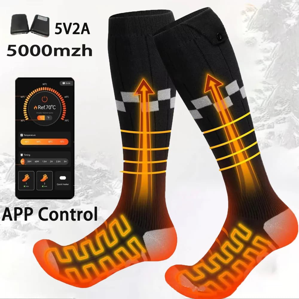 Nuovi Calzini Riscaldati con Controllo APP, Batteria da 5000mAh, Calzini Elettrici Riscaldati per Sci, Scaldapiedi Termici Invernali, Calzini Sportivi