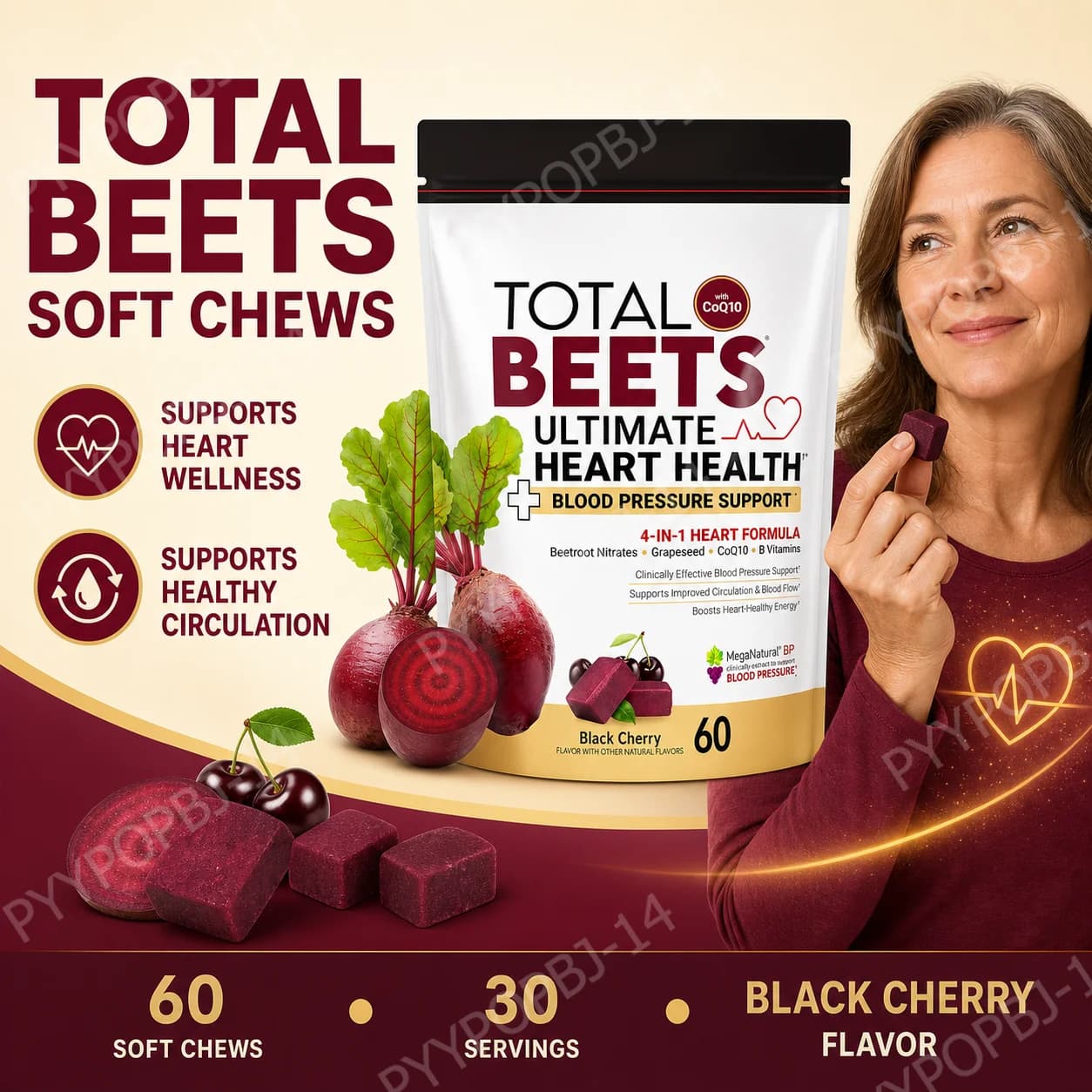 Beetroot CoQ10 Gummies 60 Soft Chews with Grape Seed Extract & B Vitamins Daily Black Cherry Wellness Support Supplement
