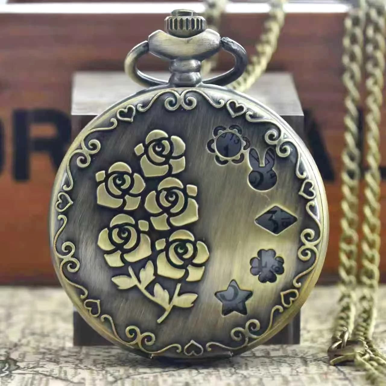 Orologio da tasca al quarzo con intaglio rosa Steampunk in bronzo vintage, collana con ciondolo, catena per orologio, regalo per uomo e donna