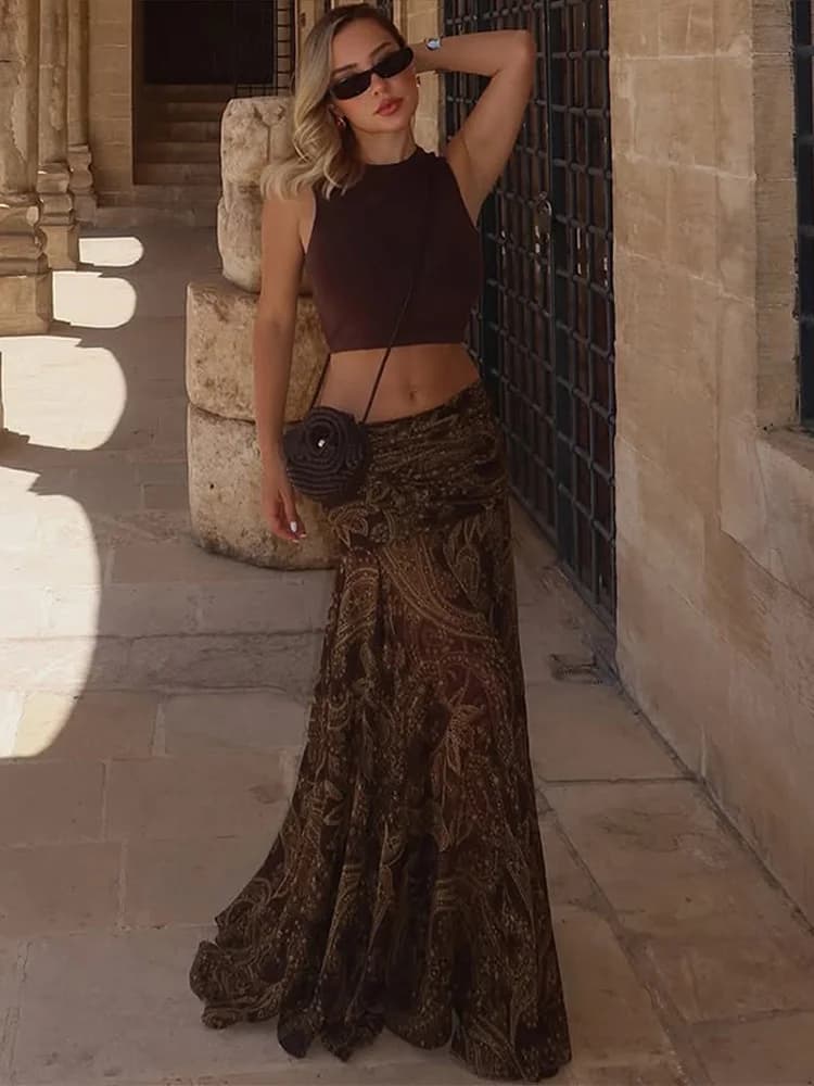 Gonna con stampa vintage alla moda Gonne lunghe fino al pavimento con volant a vita media da donna 2025 Estate New Lady Abiti da vacanza casual