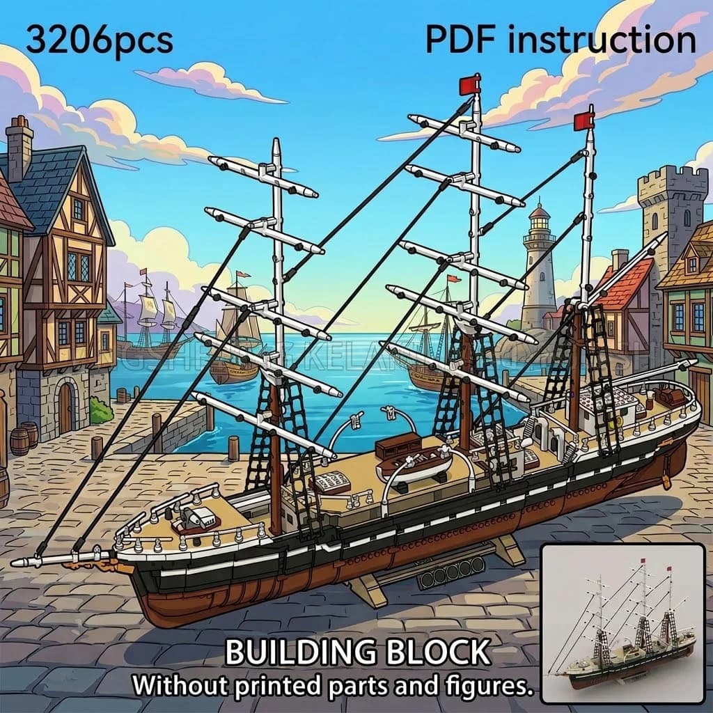 Classica Nave a Vela a Tre Alberi con Dettagli di Costruzione, Ponte in Legno, Modello MOC di Nave Storica per 252249