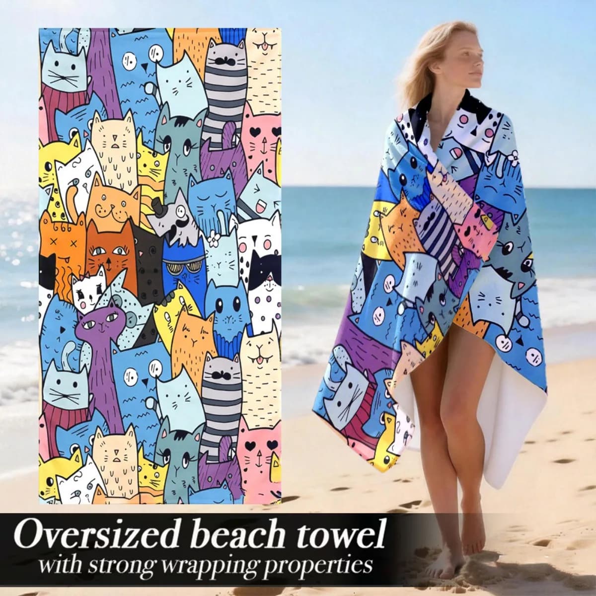 Simpatici gatti dei cartoni animati, asciugamano da spiaggia oversize con motivo, protezione solare e antivento, adatto per piscina, campeggio, coperta da viaggio