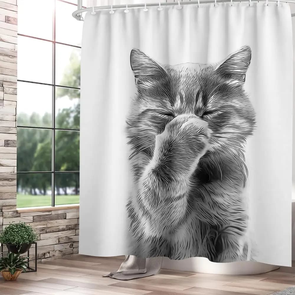 Funny Cat Shower Curtain, Black and White Fun Shower Curtain, Funny Gifts for Kids, Children, Fabric Polyester with hooks