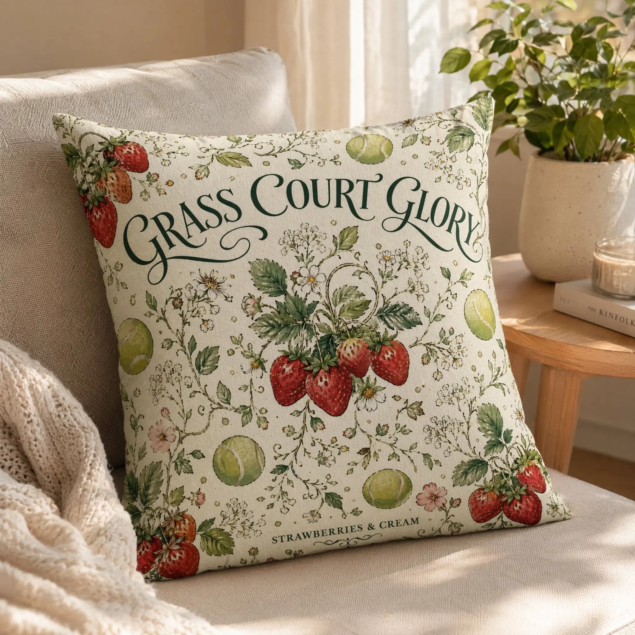 Grass Court Glory Strawberries & Cream Tennis Throw Pillow Cover Floral Leaf Berry Print Square Decorative Cushion Case Sofa