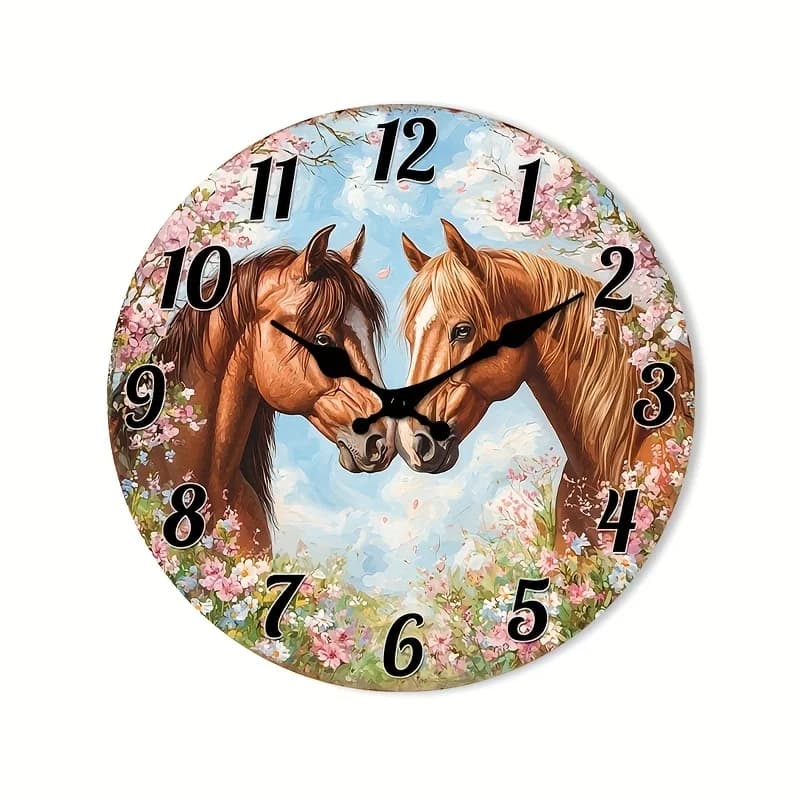 Orologio da Parete 2D Piatto, 1 Pezzo, Silenzioso, in Legno, Design Circolare con Coppia di Cavalli tra Fiori di Ciliegio per Ufficio