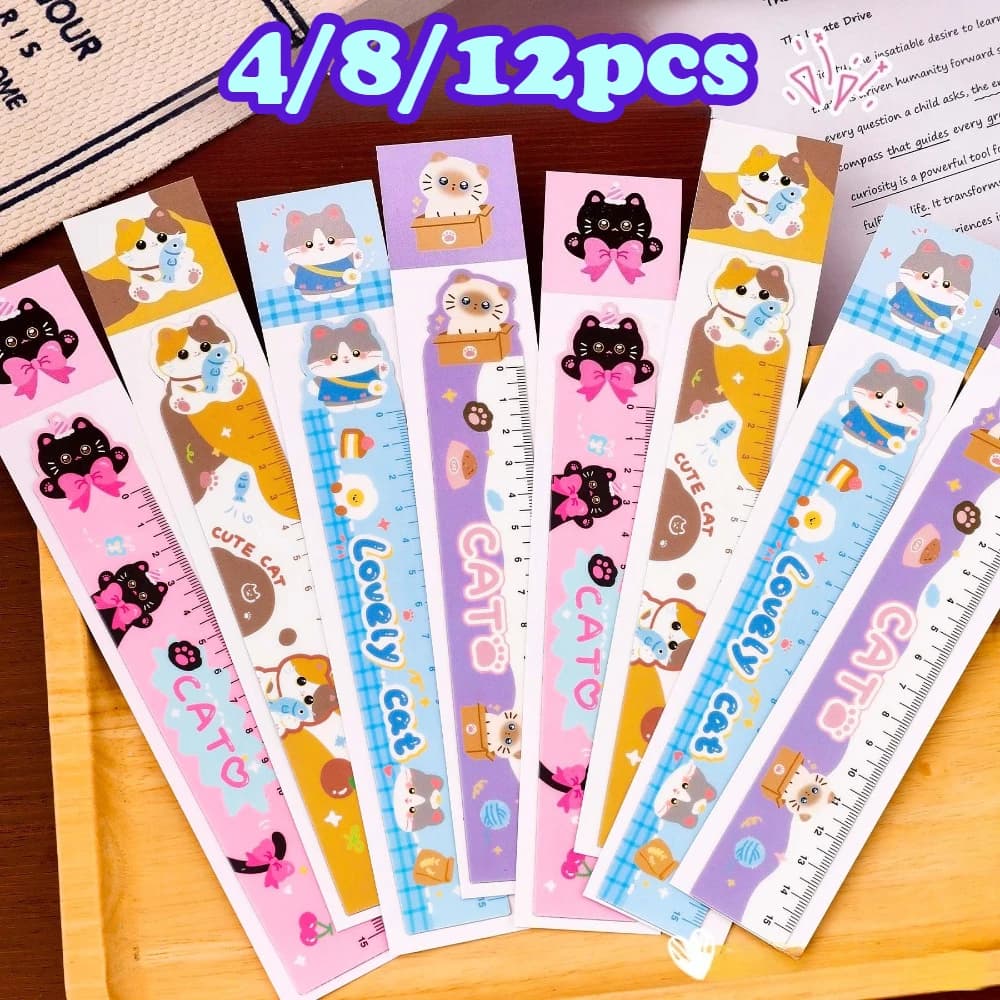 4/8/12pcs Cute Cat Magnetic Bookmark Ruler, Student Creative Stationery, Irregular Shape Drawing Straight Ruler Gift Book Marker