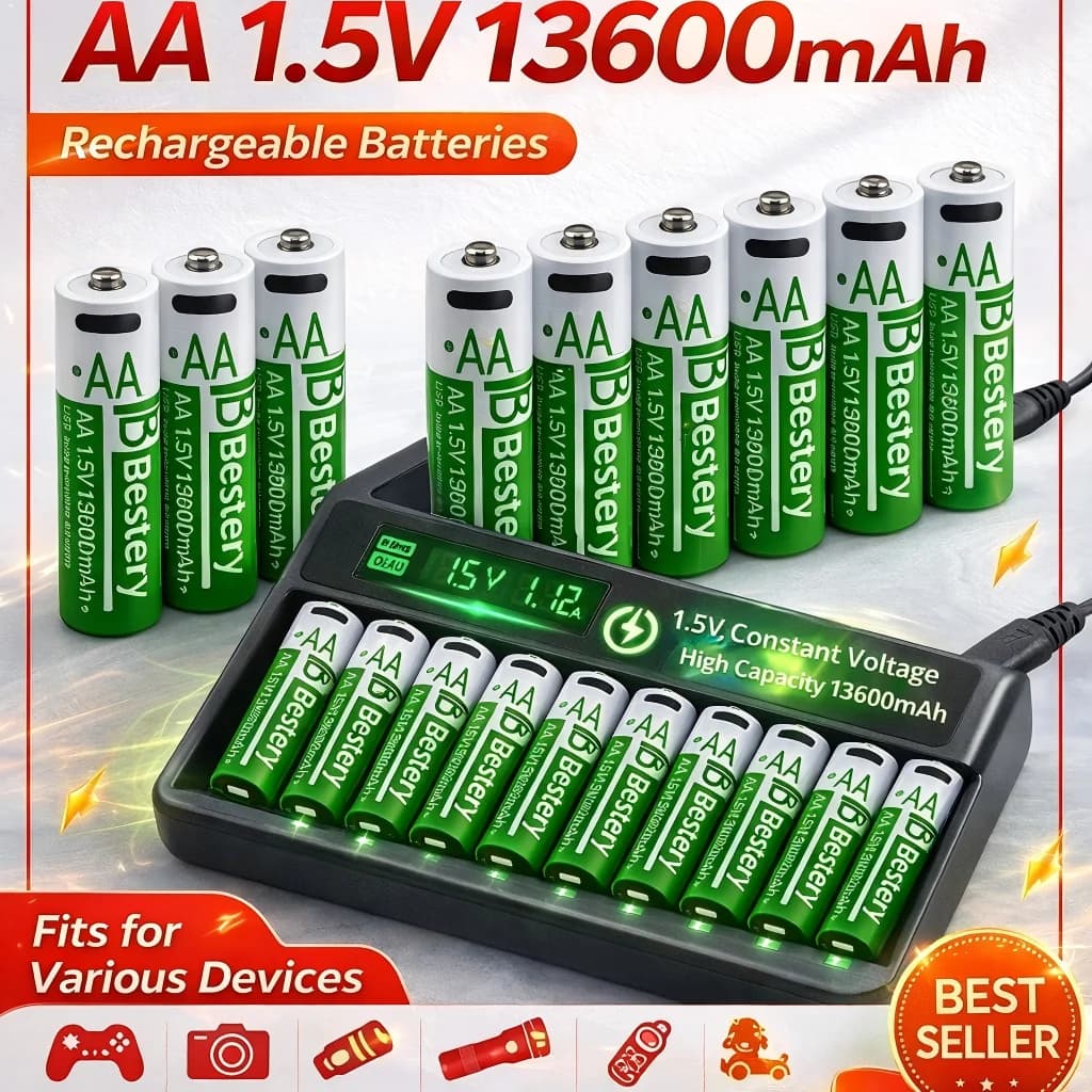 Batteria Ricaricabile USB AA Li-ion Bestely 1.5V 13600mAh, Ricarica Rapida, 2000 Cicli per Controller Xbox, Giocattoli, Fotocamere, Flash