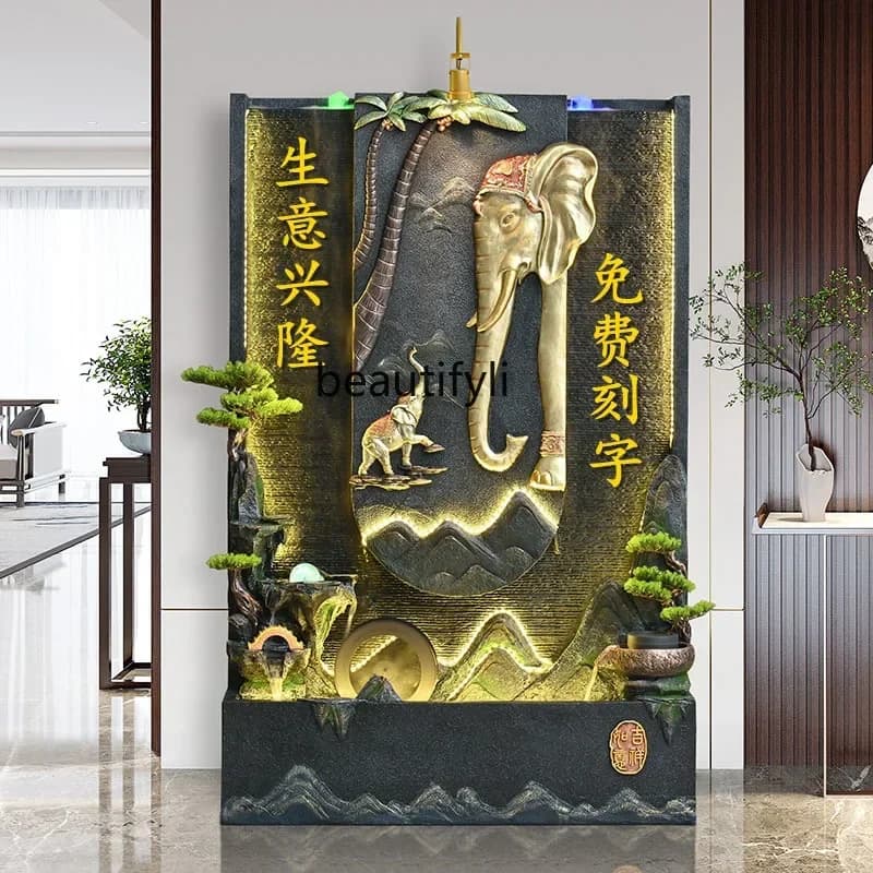 LXSouth East Asia Elephant Water Curtain Wall Flowing Water Screen Lucky Ornament Fountain Feng Shui Wheel HotelSSS