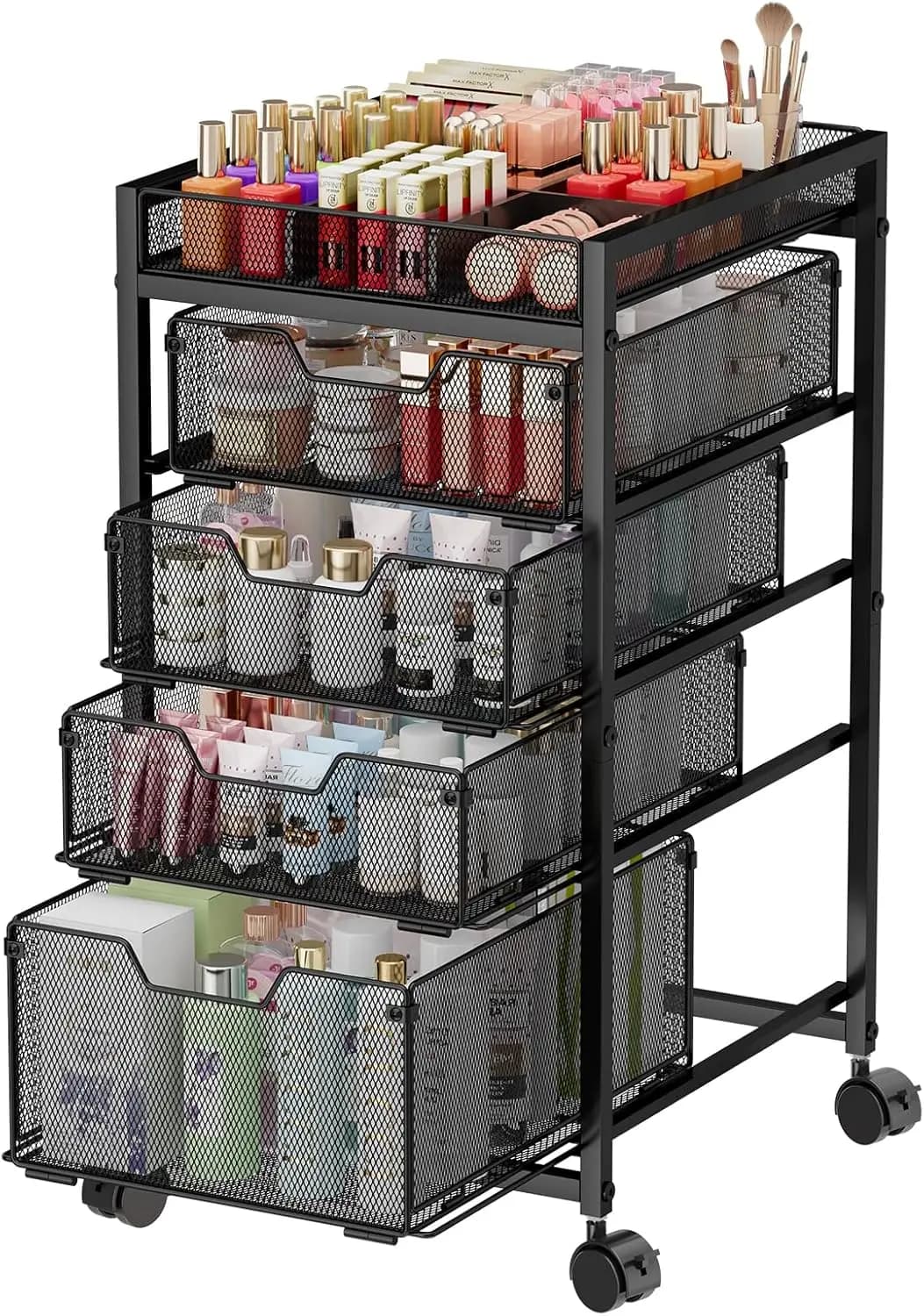 Carrello porta trucchi a 5 livelli con 4 cassetti, organizer cosmetici su ruote, organizer da toeletta per prodotti skincare e smalti