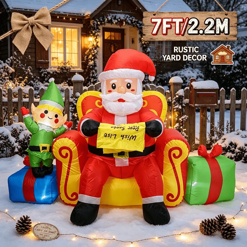 7FT Christmas Inflatable Toy LED Light Up Santa on Throne with Elf Wish List Inflatable Yard Decor Outdoor Lawn Xmas Decoration
