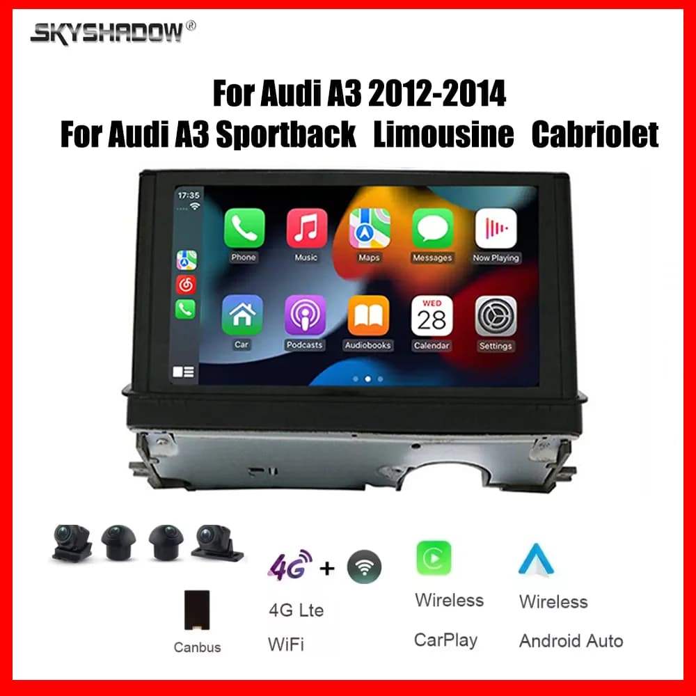 Autoradio multimediale per auto Android con CarPlay da 7 pollici, Bluetooth, navigatore GPS per Audi A3 Sportback Limousine Cabriolet 2012-2014