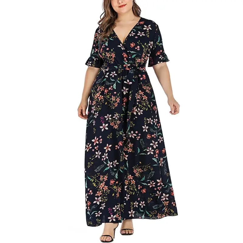 Ladies V-neck lace print dress, flared sleeves, plus size fashion belt, sexy quality, new summer style,