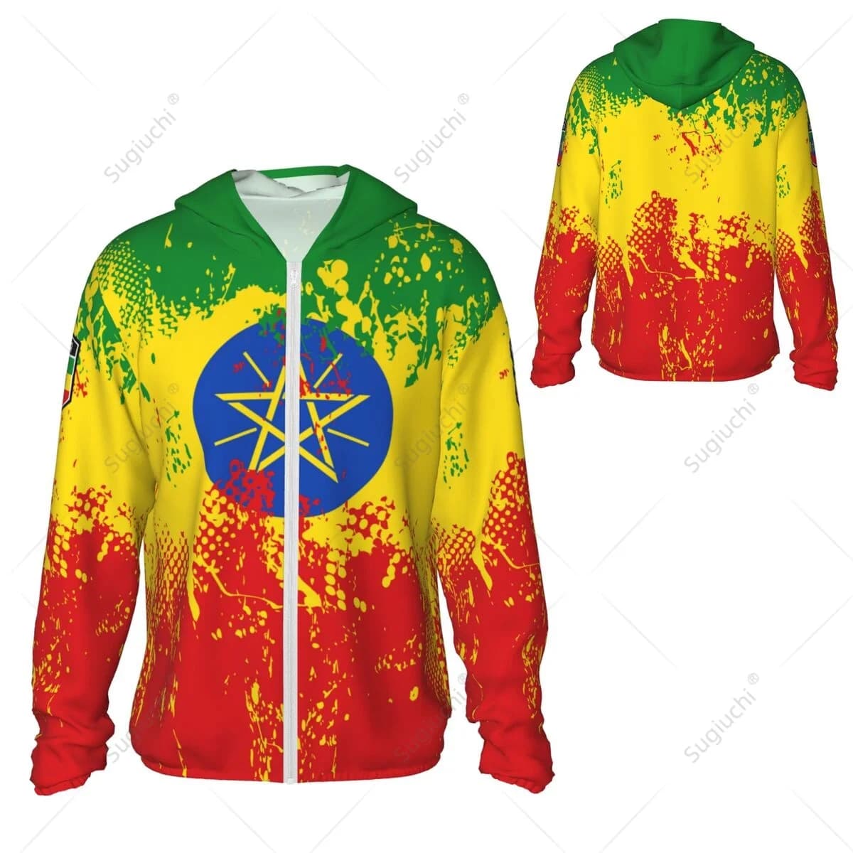 Hoodie Solar Protection Flag Ethiopia, Anti-UV Clothing for Fishing Cycling Running, Fast Drying, Long sleeve with Hinge, Polyester