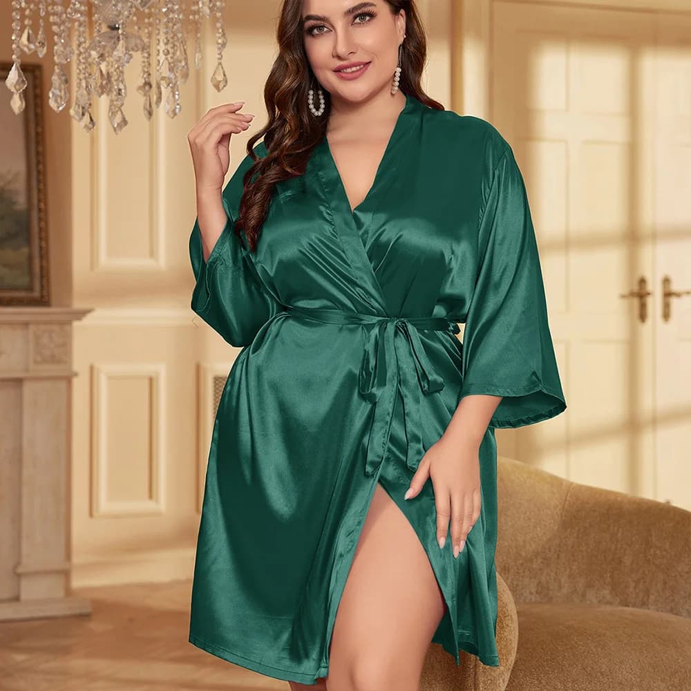 XL-5XL Kimono Robe Donna Indumenti da notte Con scollo a V V Vestaglia Homewear Estate Accappatoio in raso Allentato Manica lunga Indumenti da notte Camicia da notte