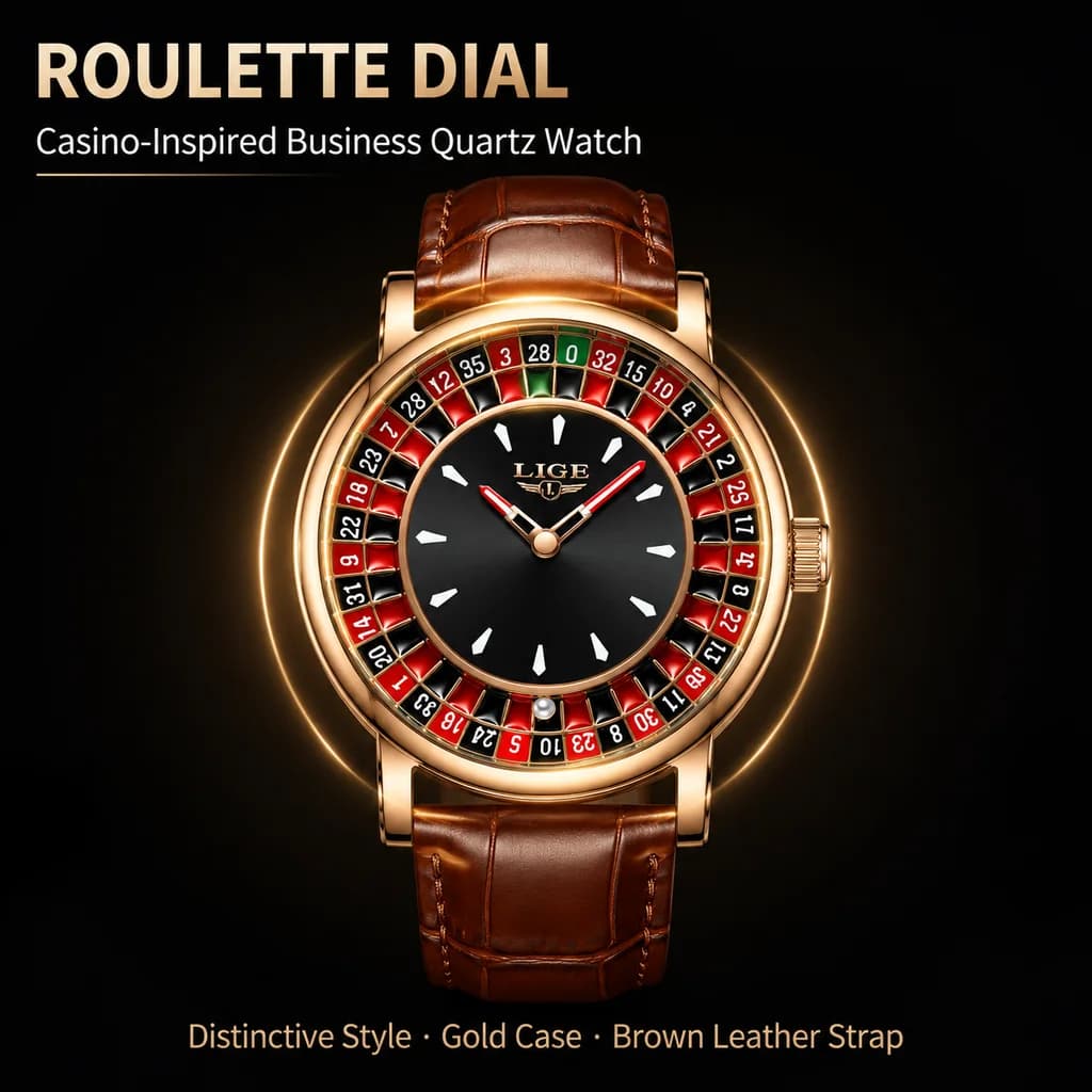 LIGE Creative Unique Design Quartz Watches Male Fashion Casual Leather Belt Gambling Table Game Retro Sport Waterproof Man Watch