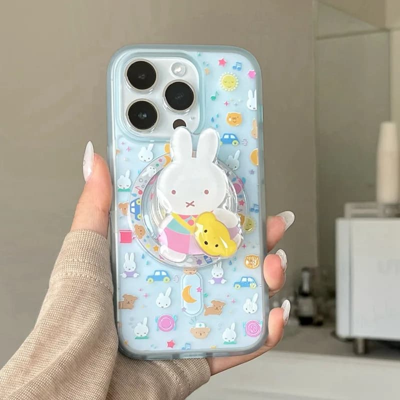 Miffy Phone Case with Holder Kawaii Miffy Rabbit Suitable for Iphone 15 Mobile Phone Shell Cartoon Rabbit Magnetic Spin Bracket