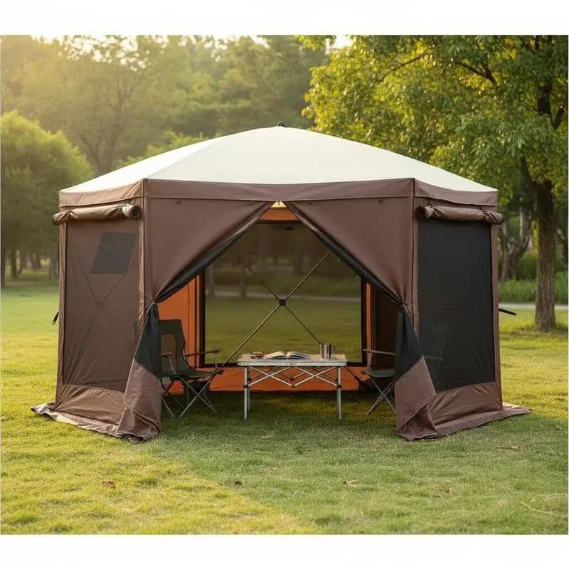 Gazebo Pop-Up, Pop-Up Screen Tent with 6-sided Canopy, Solar Riparo with 6 Panels Removable for Privacy and Network Windows, Screen Tent in Quick Mount 11.5x11.5FT with Mosquito net, Brown