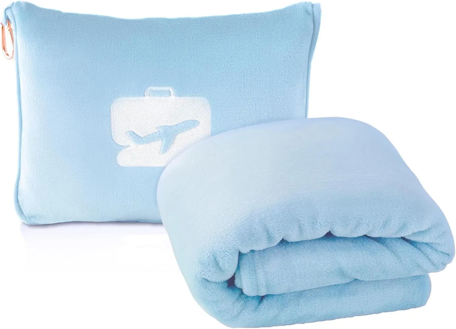 Set Coperta e Cuscino da Viaggio Ultra-Morbido Compatto Leggero 65x40 Pollici con Custodia per il Trasporto, Fascetta per Valigia e Clip per Zaino