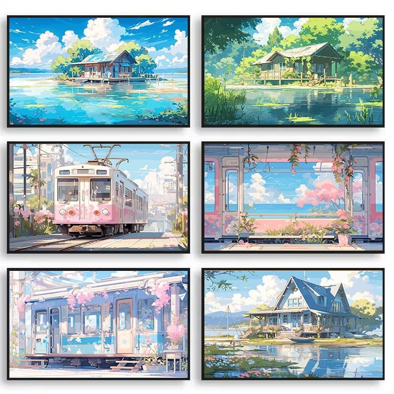 Poster Estetici con Scene Anime, Stampe di Paesaggi con Sakura, Tram, Treno e Vista Oceanica, Quadri con Pittura Diamantata per Arredamento Casa
