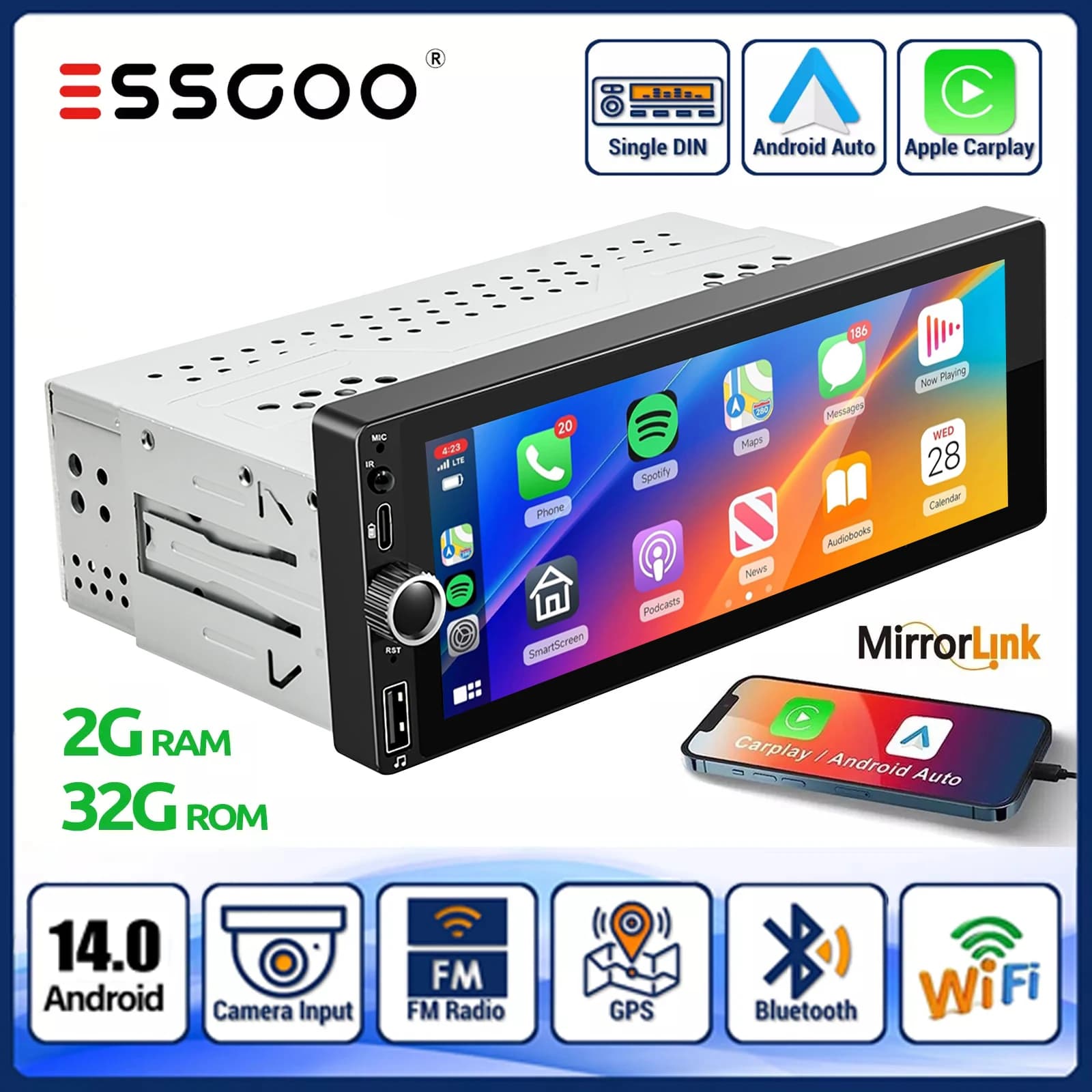ESSGOO Autoradio Android 14 from 6.86 Pollici 1Din with CarPlay Wireless, Bluetooth, Radio FM, USB/Type-C charging, GPS, Navigation, WiFi, SWC+DVR& AHD