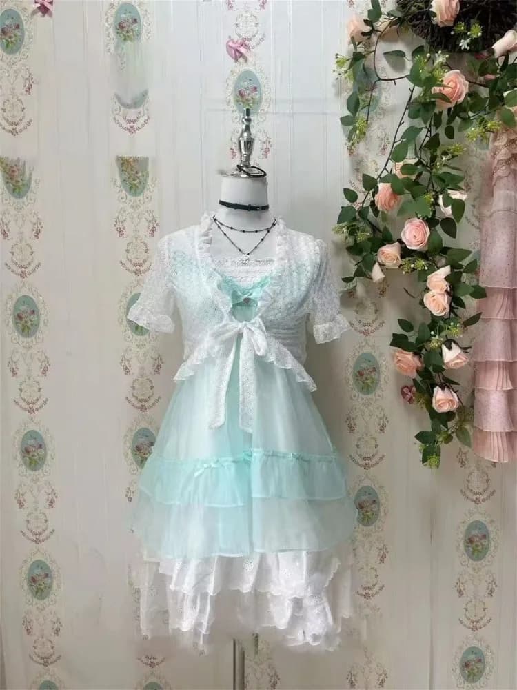 Giapponese Kawaii Dolce Carino 2 Pezzi Set Donne Breve Top di Pizzo + Vestito a Pois New Fit Chic Rosa Soffice Retro Vestito Estate 2025