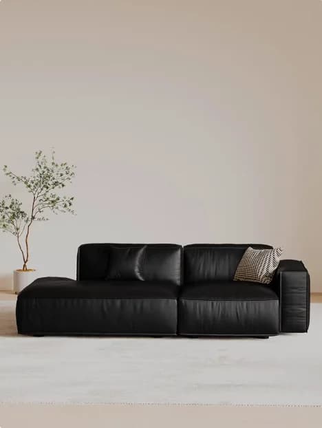 # Divano Chaise Longue Minimalista Italiano in Vera Pelle Nera, Arredamento per Soggiorno e Camera da Letto, Ideale per Piccoli Appartamenti