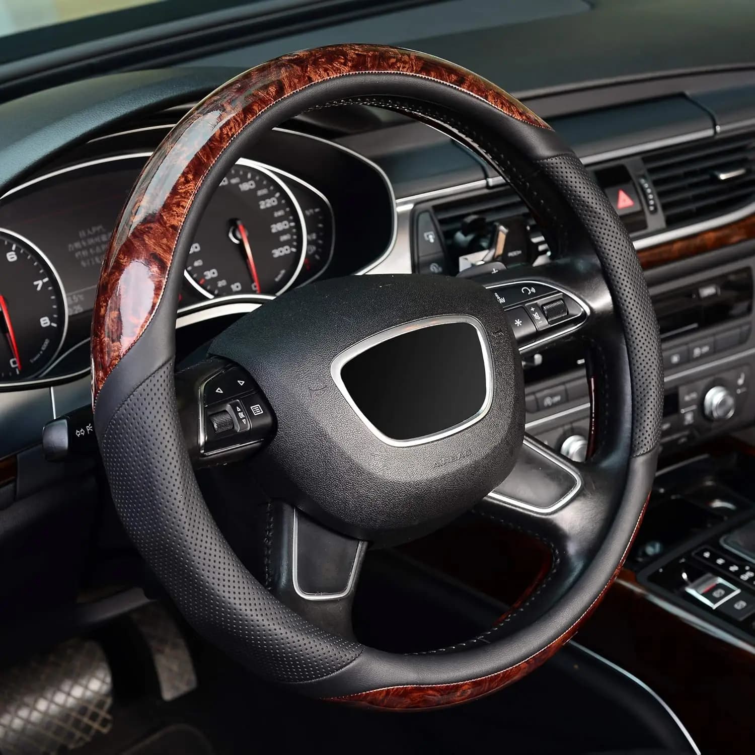 Coprivolante Universale 15 Pollici Effetto Legno, in Microfibra Antiscivolo, Inodore per Auto