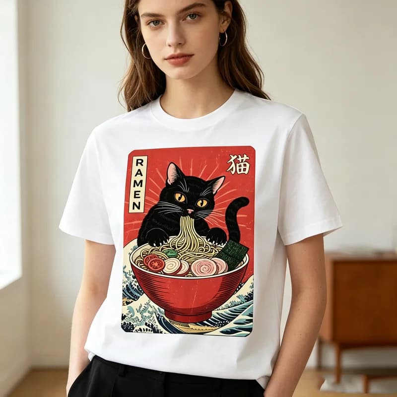 Retro Ramen Cat Graphic Tee Japanese Ukiyo-e Style Print Men Women Cotton Short Sleeve Casual Gift T Shirt