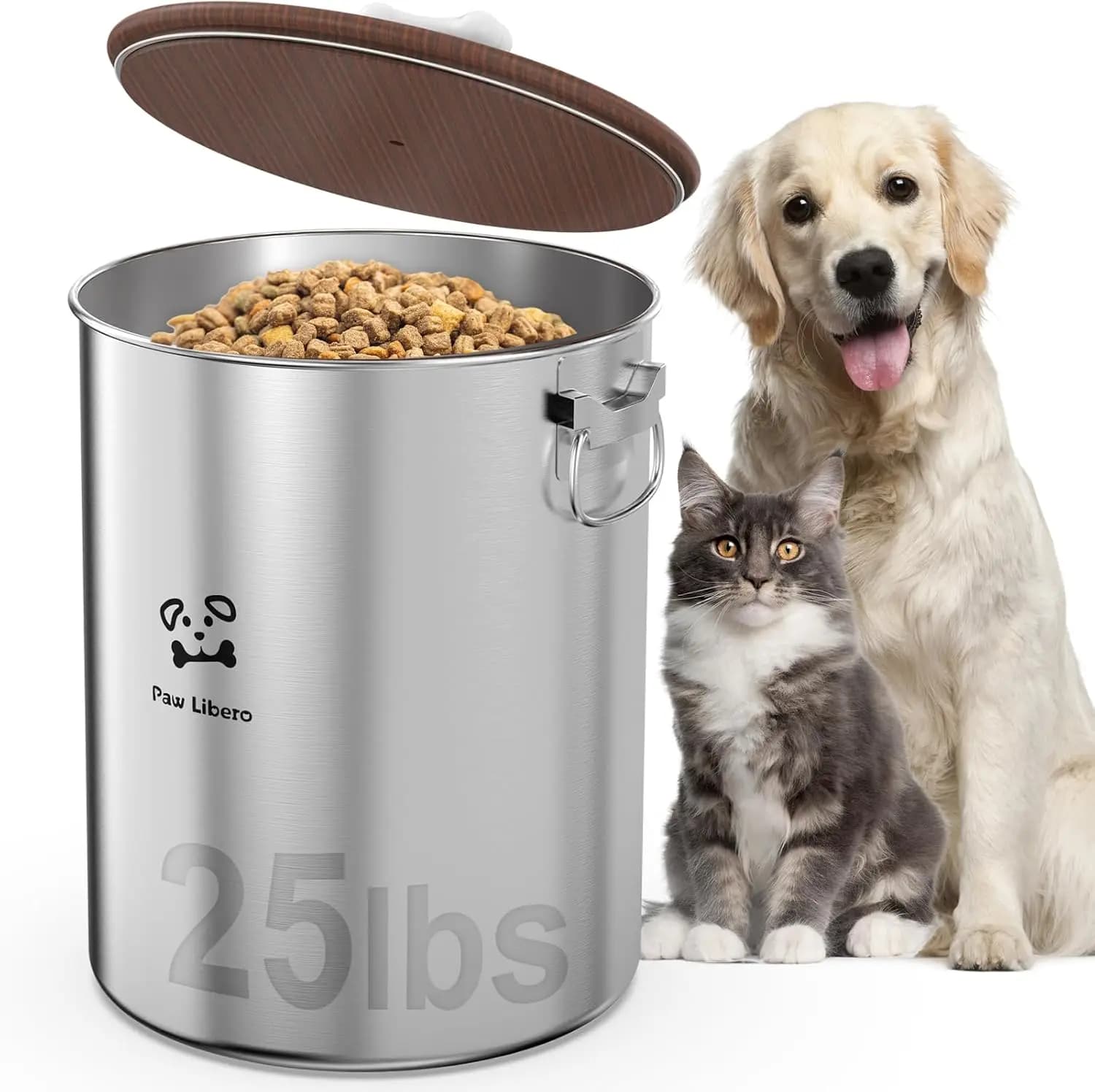 25 Lbs Stainless Steel Dog Food Storage Container with Airtight Wooden Lid & Ceramic Bone Handle, Large Metal Dog Food Bin for D