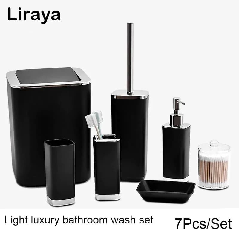 Set di 7 Accessori per il Bagno: Portaspazzolino, Portasapone, Dispenser, Bicchiere, Set per WC e Bagno