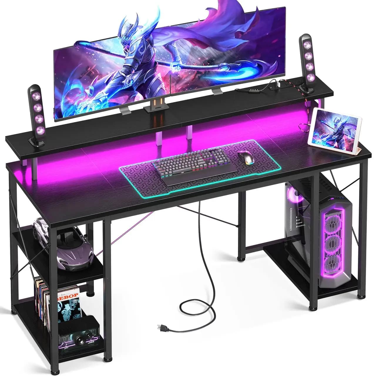 55 inch gaming desk with LED lights and sockets, computer desk with monitor support and storage shelves, CPU support, customizable