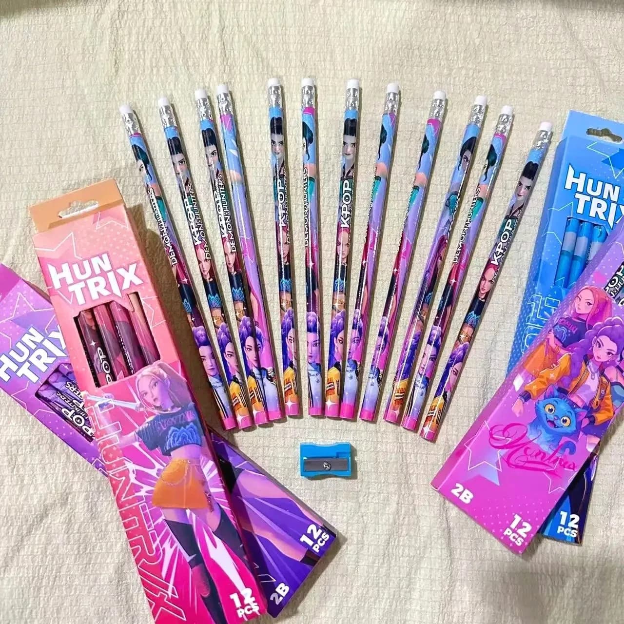 12Pcs Anime Printed 2B Wooden Pencil Kit equipped with sharpener thoughtful stationery gift for kid rewards & birthday presents.
