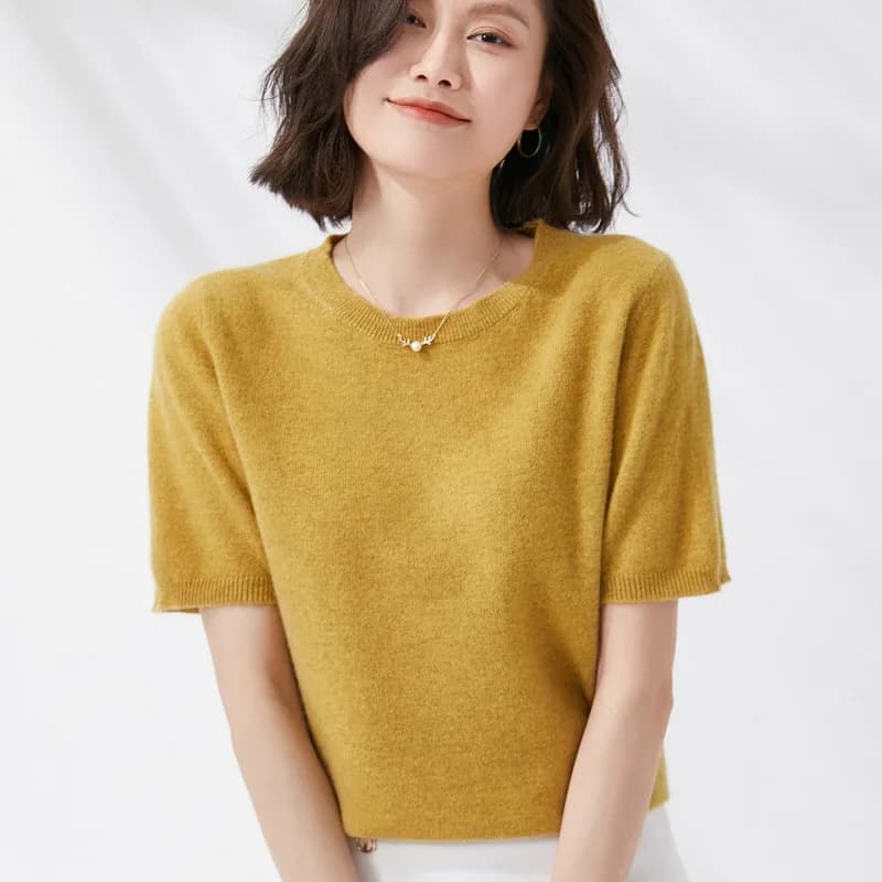 Primavera ed estate nuove donne a maniche corte O-Collo sottile misto lana di cotone pullover gilet T-shirt maglione base lavorato a maglia