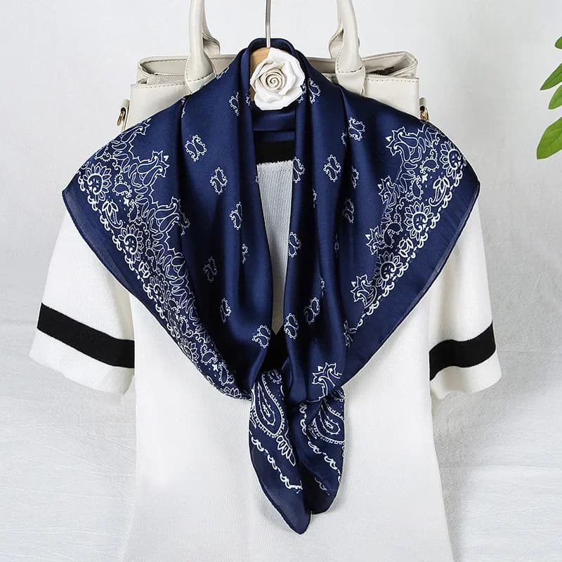 Sciarpa quadrata in seta con stampa Paisley da 70×70 cm, sciarpe da donna Hair Bandanajab per donna