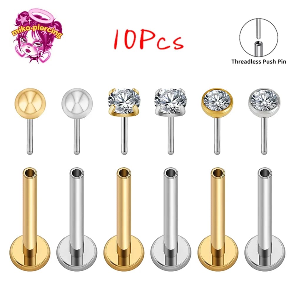 10Pcs ASTM F136 Titanium 20G/18G/16G Threadless Push Pin Labret Stud 2/2.5/3/4mm CZ Cartilage Earring Tragus Nose Stud Piercing