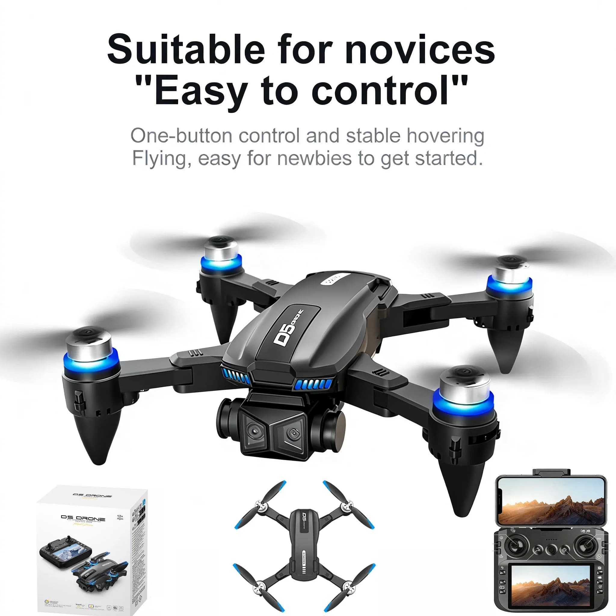 Drone FPV D5 con doppia fotocamera 8K HD, quadricottero telecomandato con sistema anti-collisione per fotografia aerea, giocattolo RC, regalo per bambini