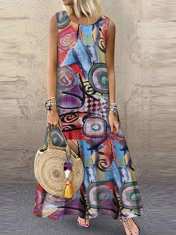 ZANZEA Bohemian Floral Printed Dress Women's Vintage Sleeveless Or Collo Beach Summer Dress Women's Fashion Dress Robe Sarafans