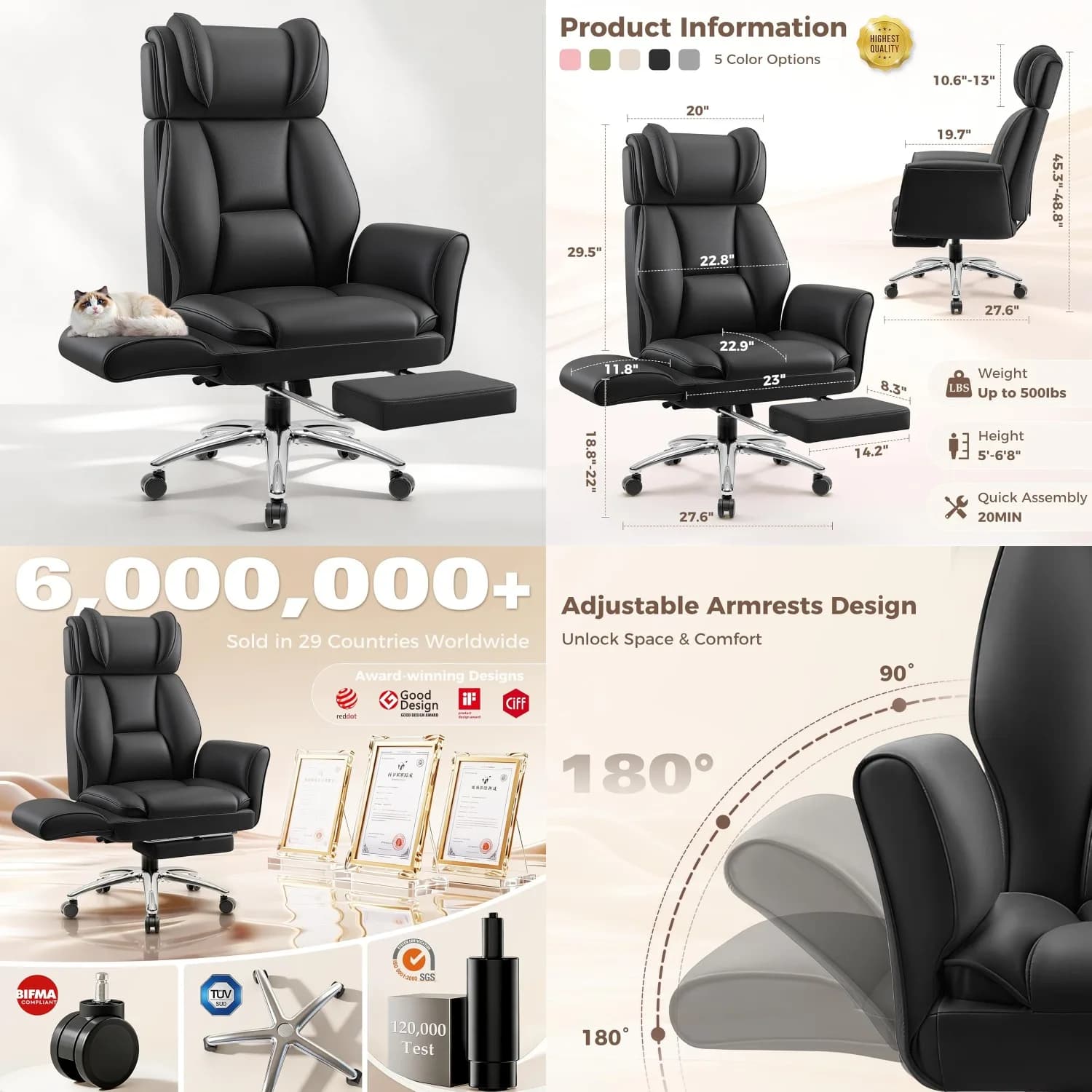 Poltrona da Ufficio Ergonomica Grande e Alta in Pelle, Reclinabile, con Braccioli Ribaltabili e Poggiapiedi, per Casa e Gaming, Nera Personalizzabile