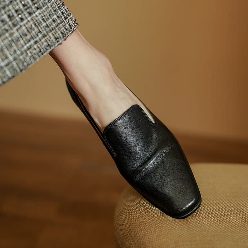 Women Flats On Low Heel Spring Autumn Simple Shoes Woman Cowhide Slip On British Casual Flat Shoe Square Toe Vintage Loafers