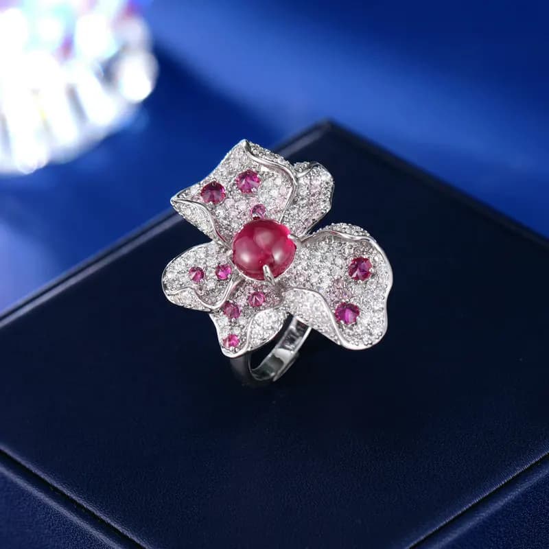 French Court Style Light Luxury Zircon High-end Ruby Ring Temperament Three-dimensional Flower Adjustable Ring for Women