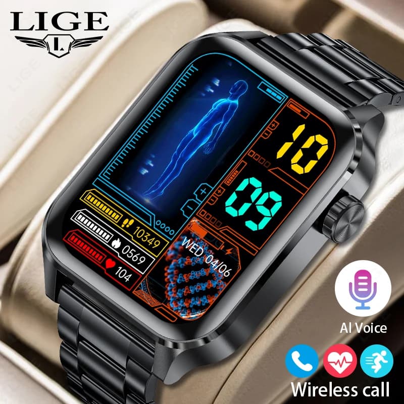 LIGE New 1.85"Voice Assistant Smartwatch Men Heart Rate Health Monitor IP68 Waterproof Sport Fitness Smart Watch for Android iOS
