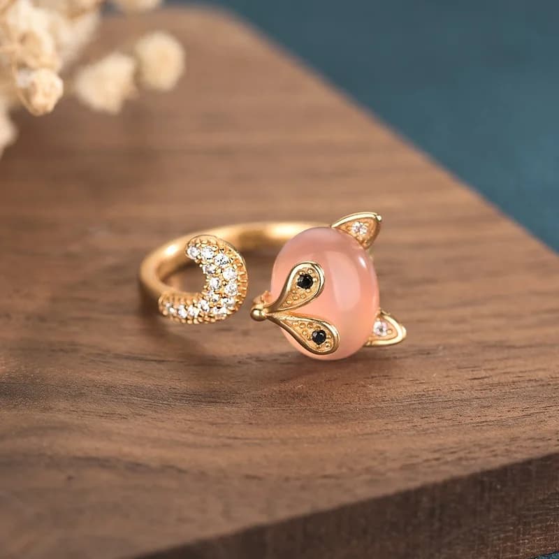 Anelli di volpe di giada naturale rosa Talismani di gioielli reali Anello regolabile vintage Regali per donne Fascino fortunato