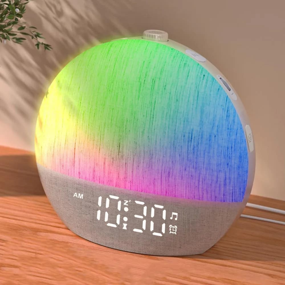 Sveglia con Luce Alba e Timer, Macchina del Suono con 30 Suoni Rilassanti, Luci Notturne RGB Dimmerabili, Aiuto per il Sonno, Funzione Snooze, Ideale come Regalo