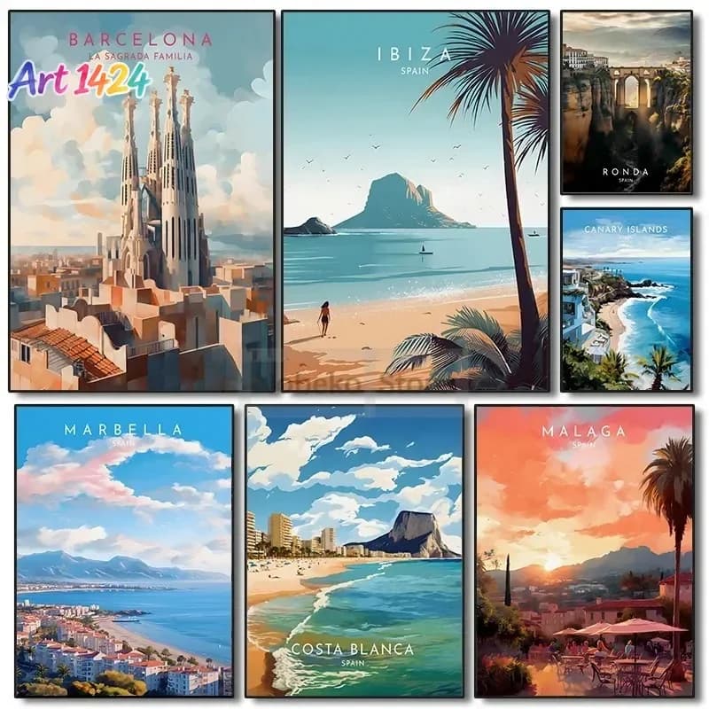 Spain Travel Poster Barcelona Malaga Ibiza Ronda Lanzarote Watercolor Prints Canvas Painting Wall Art Pictures Home Room Deco