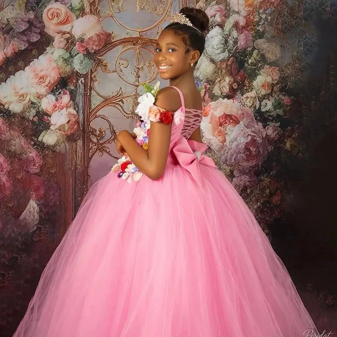 Abiti da damigella rosa personalizzati in tulle con perline, senza maniche, per principesse, matrimoni, compleanni, balli di fine anno, comunioni.