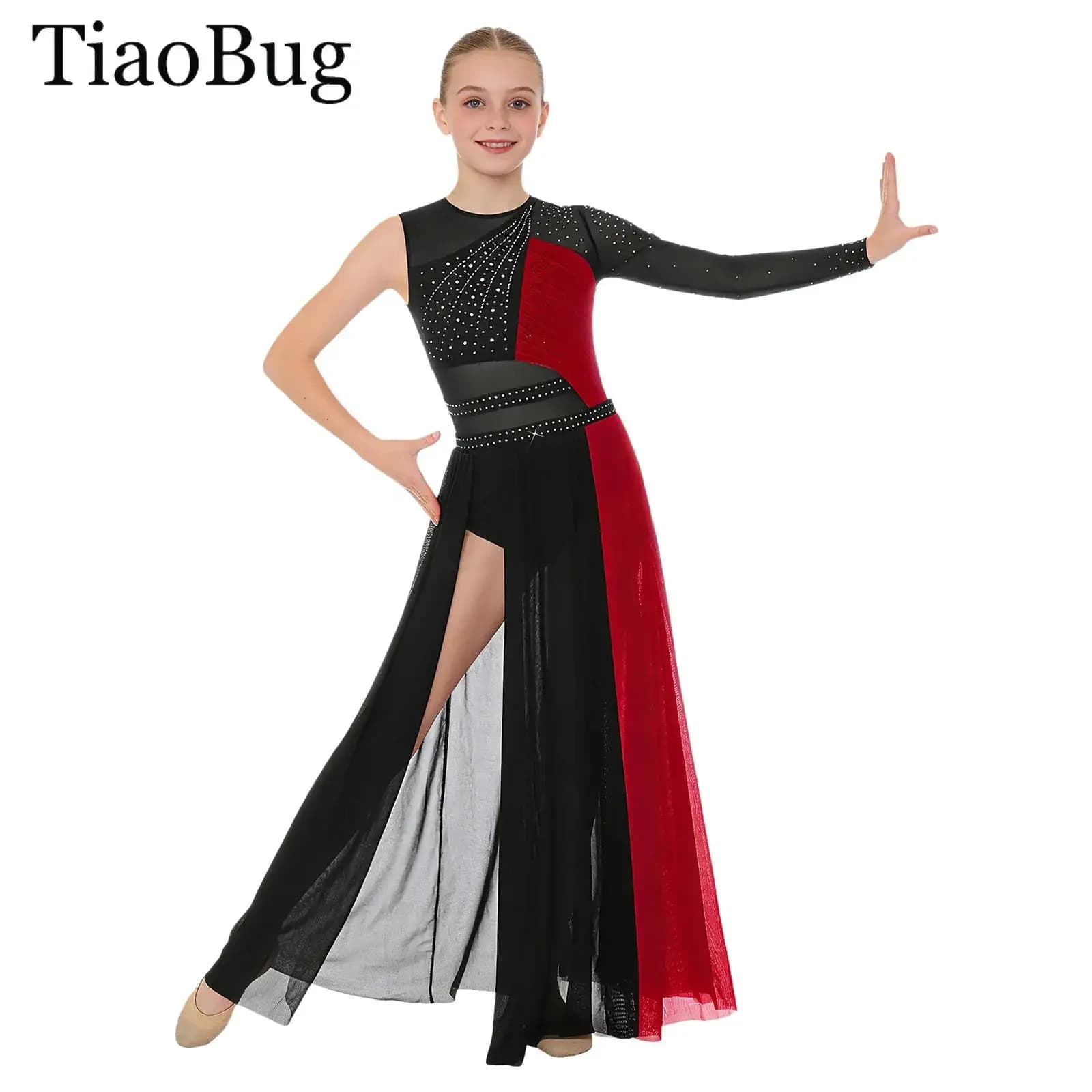 Body per balletto da ginnastica per bambina, vestito da ballo lirico, con spacco laterale, in rete, con strass, moderno e contemporaneo, per pattinaggio su ghiaccio