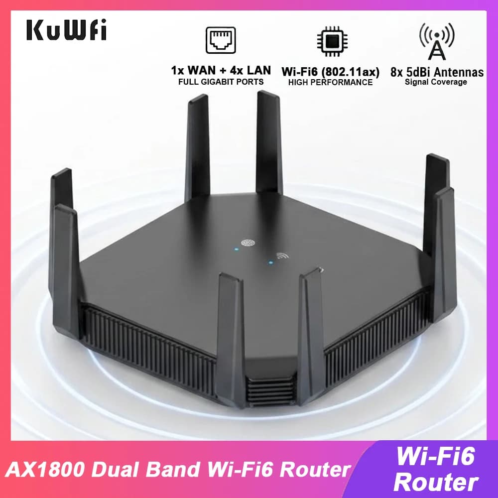 KuWFi AX18000 Dual Band Wi-Fi6 Gigabit Router with 8x 5dBi Antennas Support AP Repeater MESH Mode for Home Office WiFi Expansion