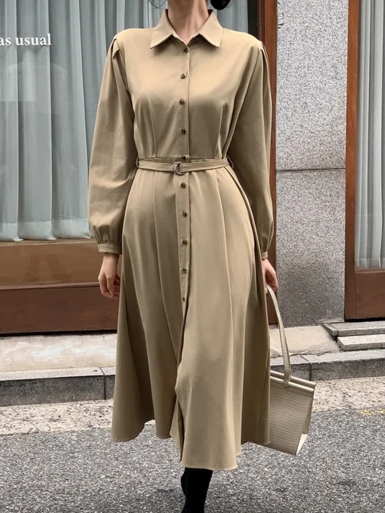 Retro Patchwork Belted Long Sleeve Dress Women Early Spring New Style Elegant Versatile Straight Tube Skirt Korean Style